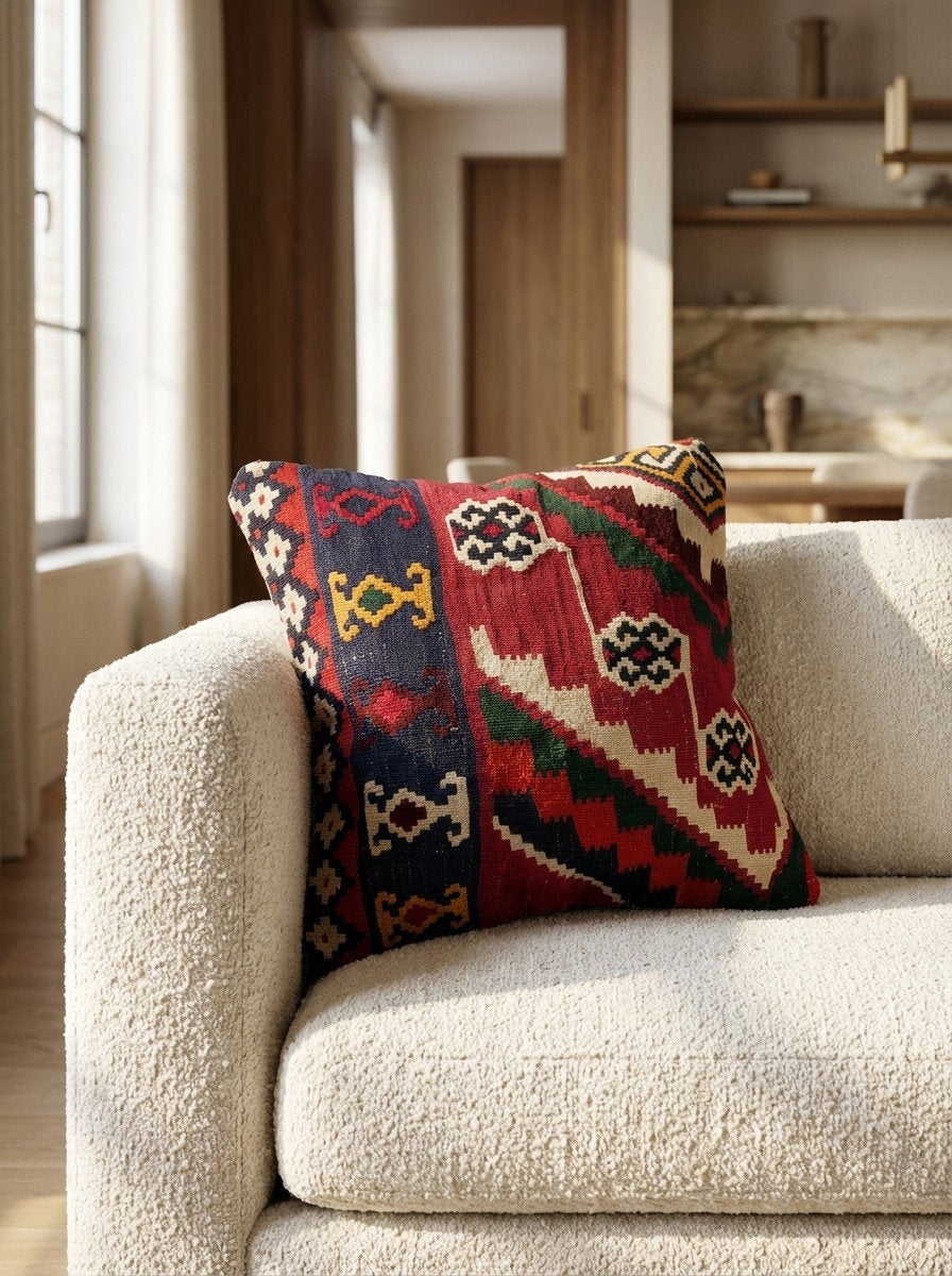 Kelim Kissen — Handgefertigt, 50x50 cm, Bunt, 100% Virgin Wool | Detail view