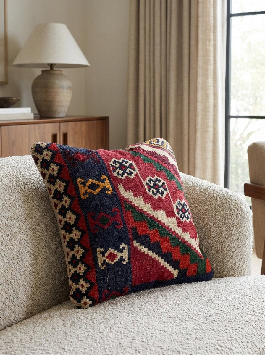 Kelim Kissen — Handgefertigt, 50x50 cm, Bunt, 100% Virgin Wool | Detail view