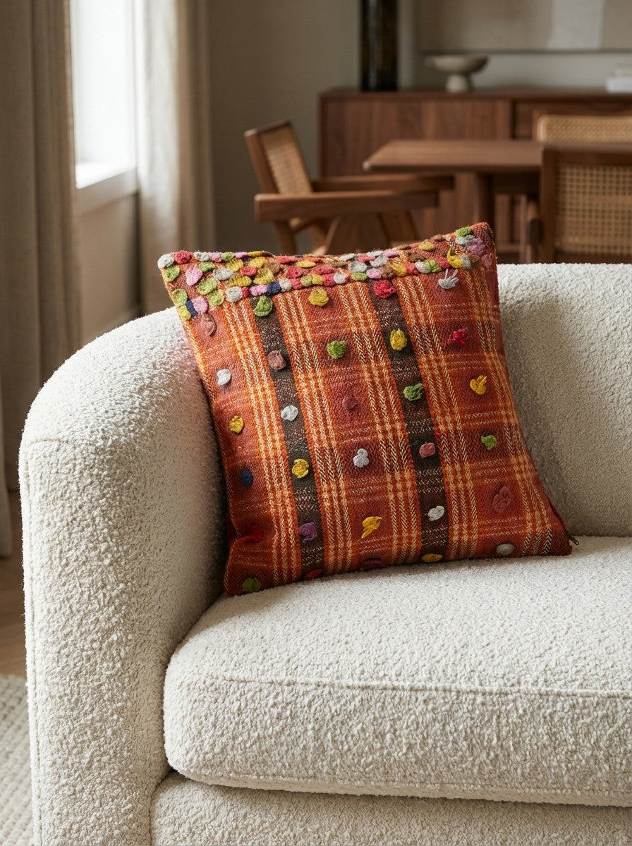 Kelim Kissen — Handmade, 45x45 cm, Multicolor, 100% Virgin Wool | Detail view
