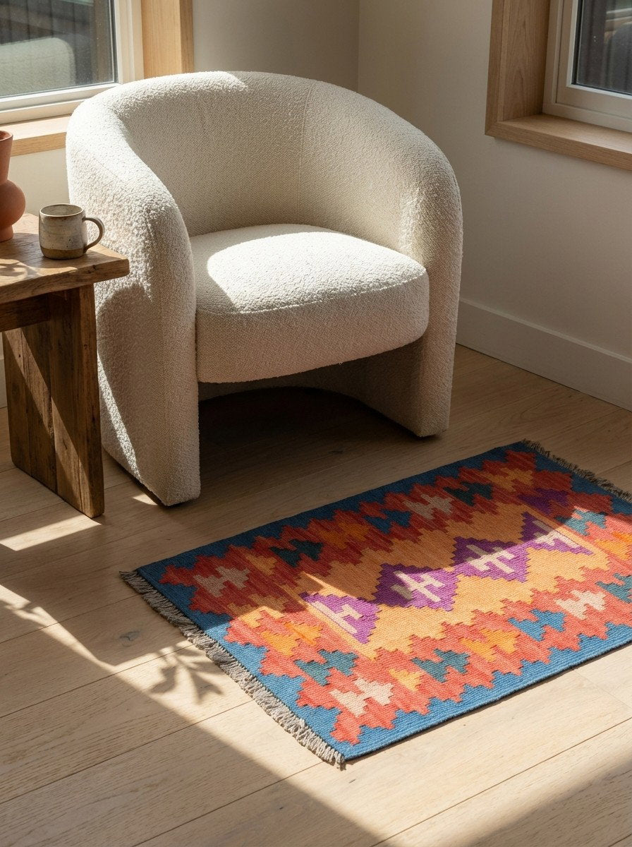 Kelim Gashgai — Handgefertigt, 84x61 cm, Blau, 100% Virgin Wool | Detail view