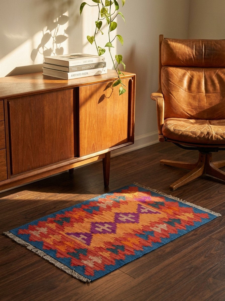 Kelim Gashgai — Handgefertigt, 84x61 cm, Blau, 100% Virgin Wool | Back view