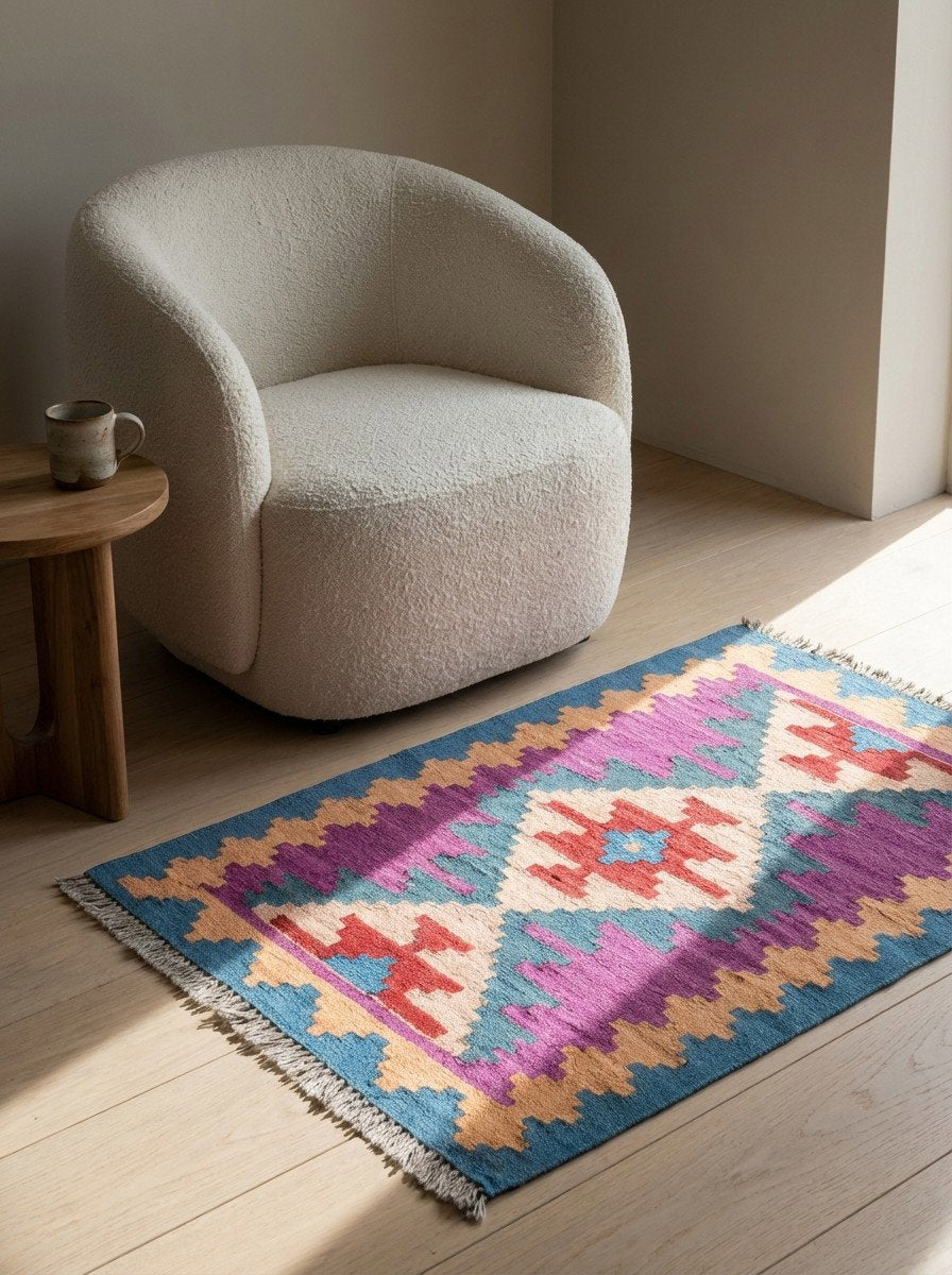 Kelim Gashgai — Handgefertigt, 87x62 cm, Bunt, 100% Virgin Wool | Detail view