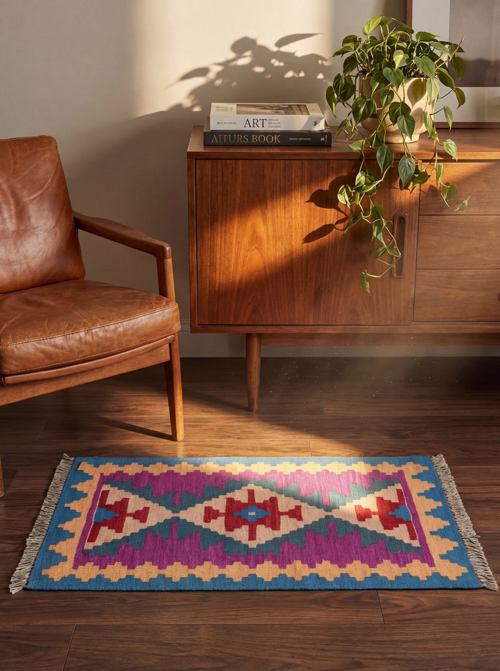 Kelim Gashgai — Handgefertigt, 87x62 cm, Bunt, 100% Virgin Wool | Back view