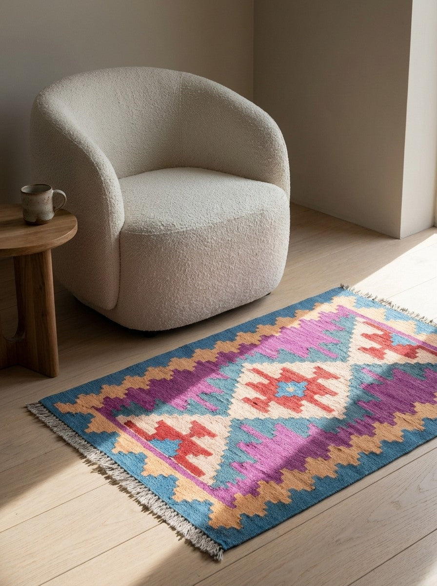 Kelim Gashgai — Handmade, 62x87 cm, Violett, 100% Virgin Wool | Detail view