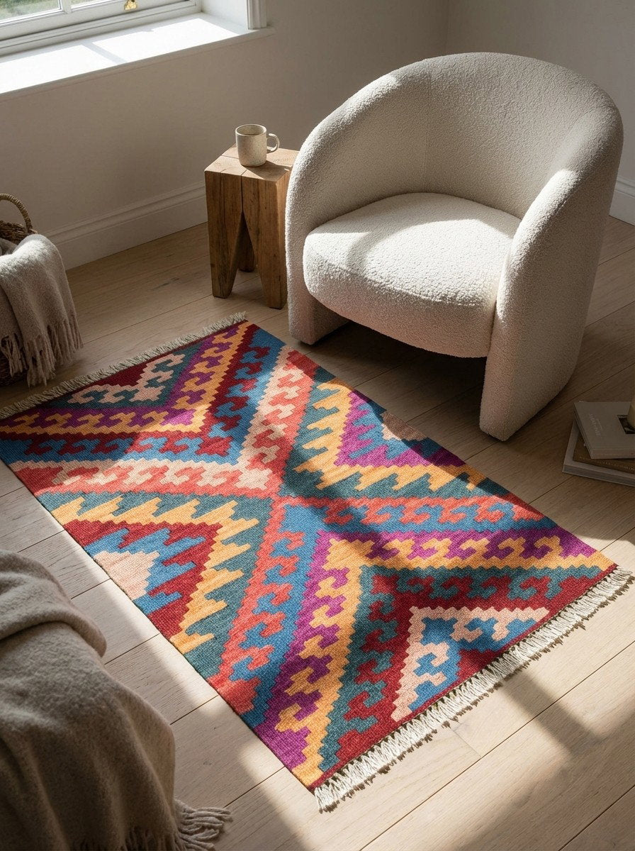 Kelim Gashgai — Handgefertigt, 94x61 cm, Bunt, 100% Virgin Wool | Detail view