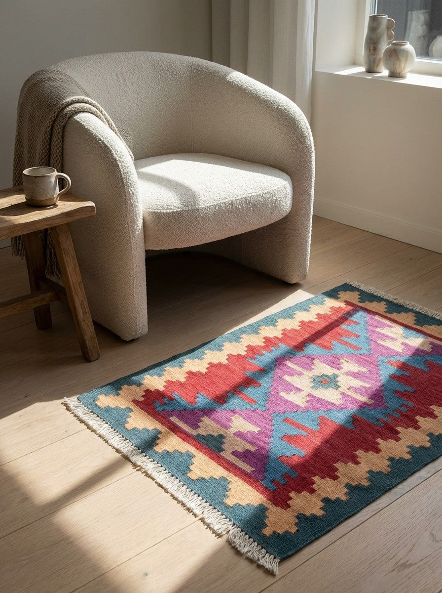 Kelim Gashgai — Handmade, 62x84 cm, Multicolor, 100% Virgin Wool | Detail view