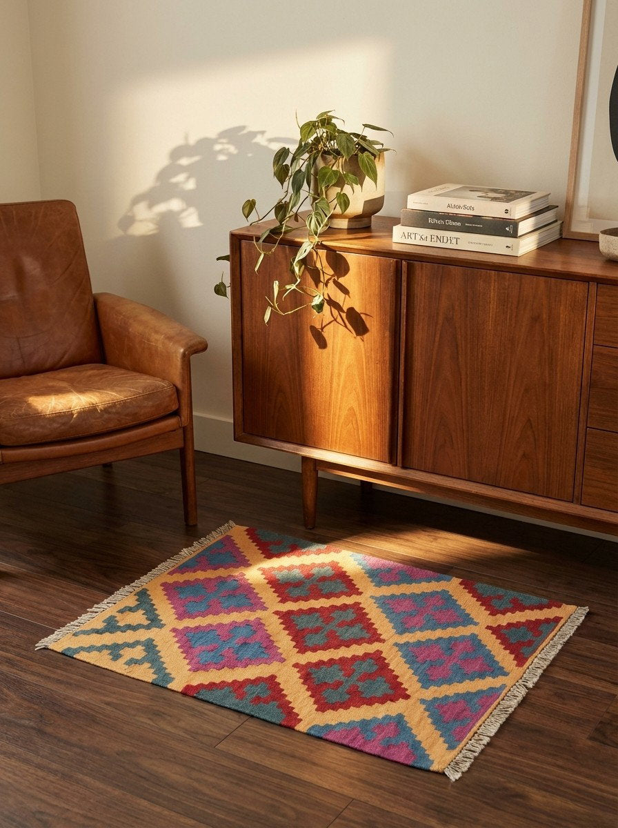 Kelim Gashgai — Handgefertigt, 89x67 cm, Bunt, 100% Virgin Wool | Back view