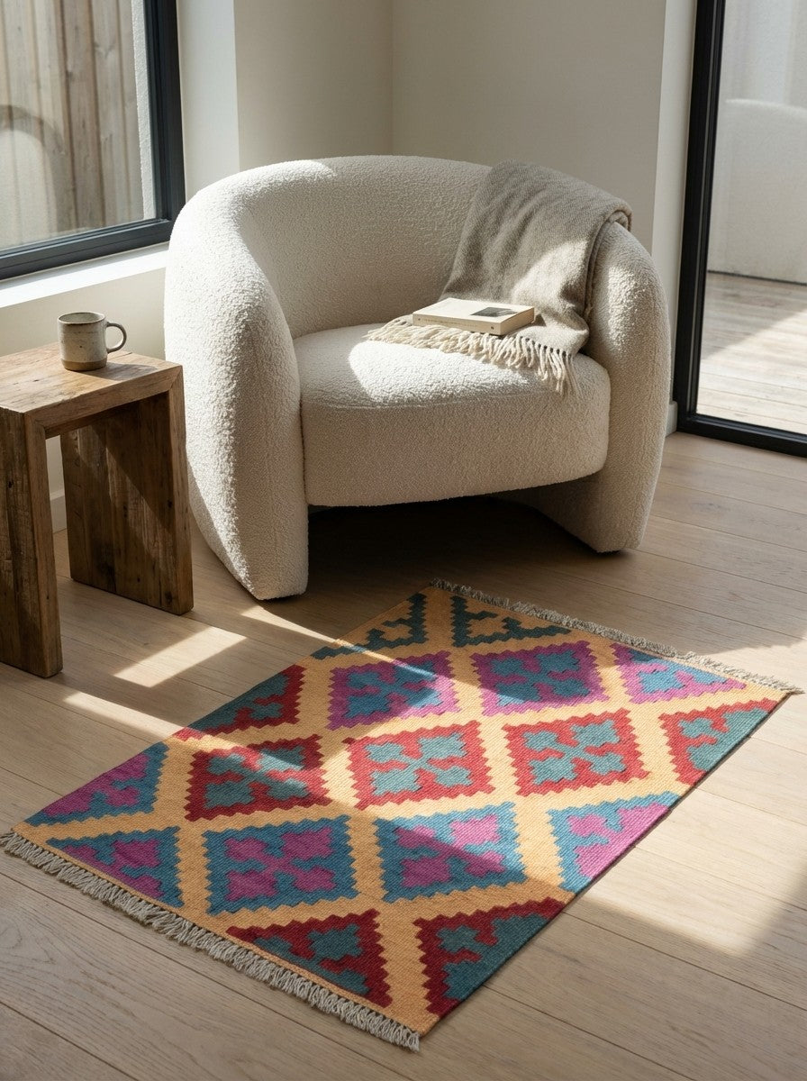 Kelim Gashgai — Handmade, 67x89 cm, Beige, 100% Virgin Wool | Detail view