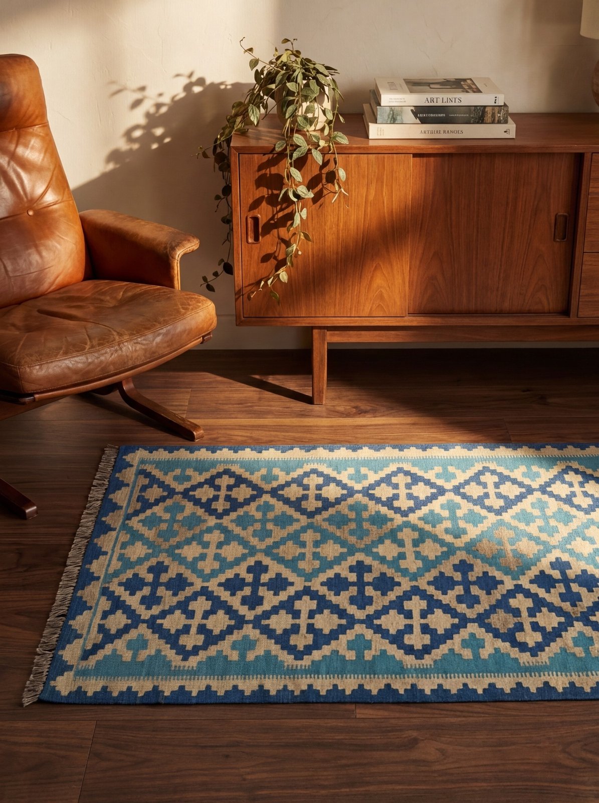 Kelim Gashgai — Handmade, 104x160 cm, Blue, 100% Virgin Wool | Back view