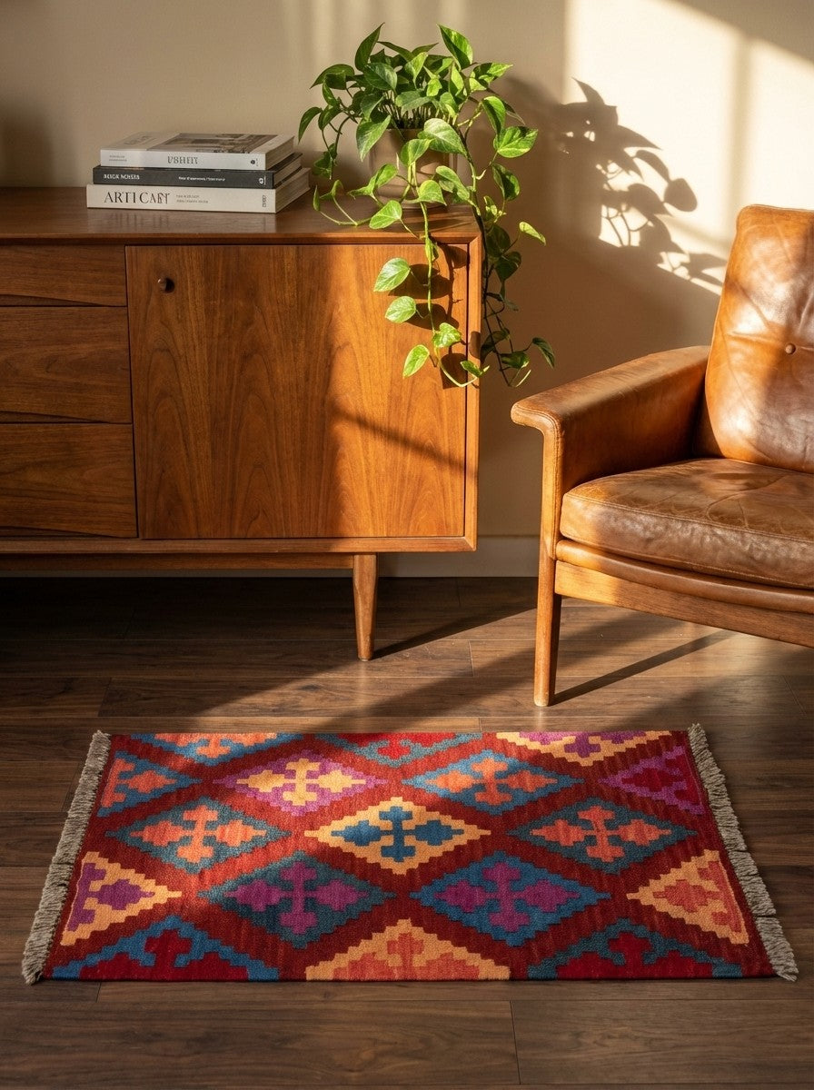 Kelim Gashgai — Handmade, 64x80 cm, Red, 100% Virgin Wool | Back view