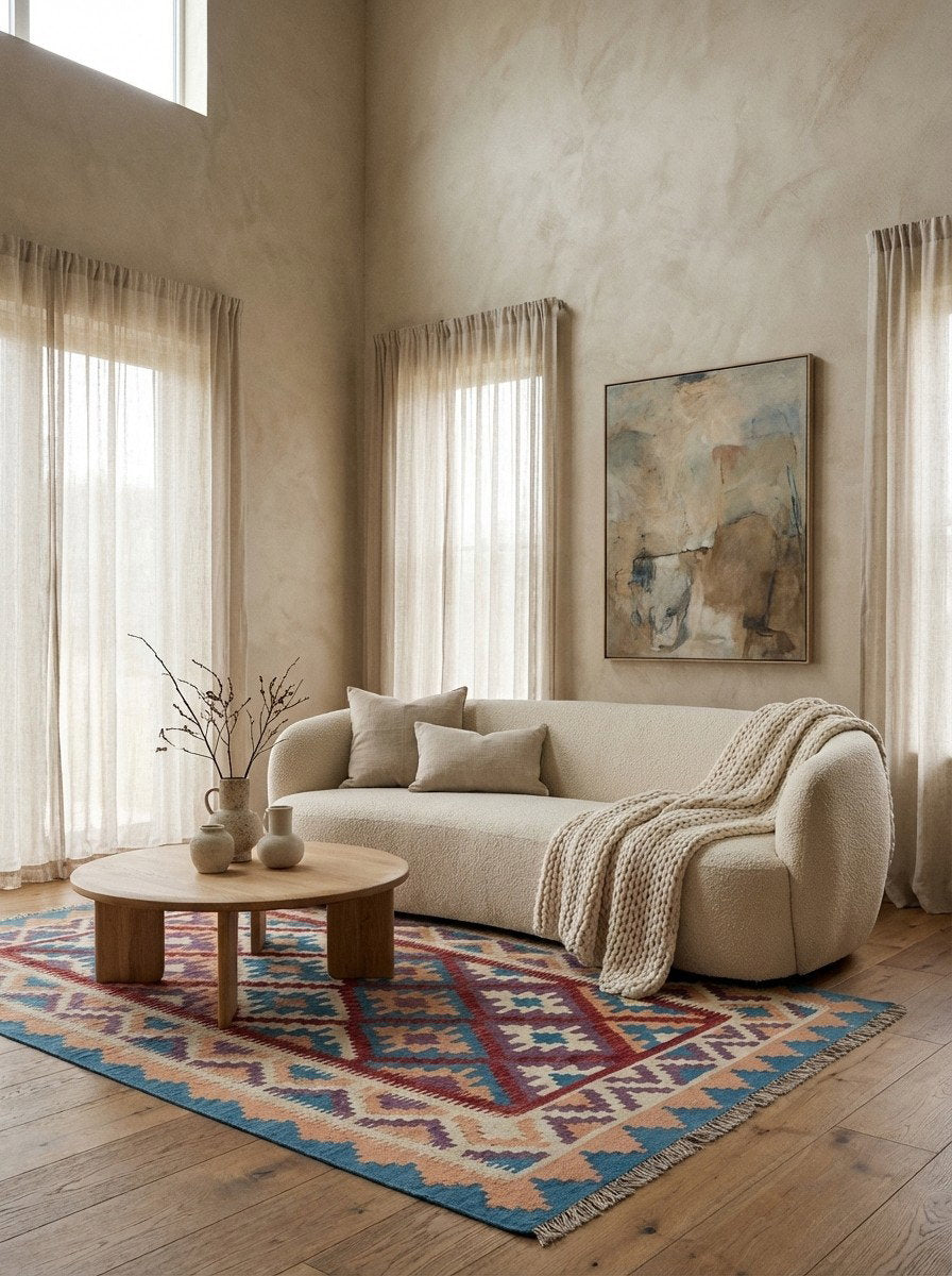 Kelim Gashgai — Handgefertigt, 178x123 cm, Beige, 100% Virgin Wool | Detail view