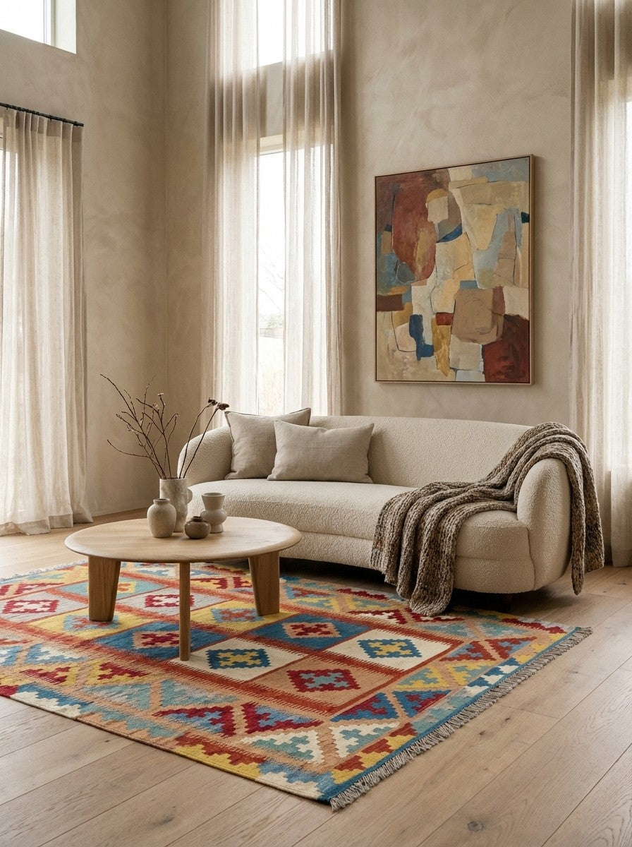 Kelim Gashgai — Handmade, 120x182 cm, Multicolor, 100% Virgin Wool | Detail view