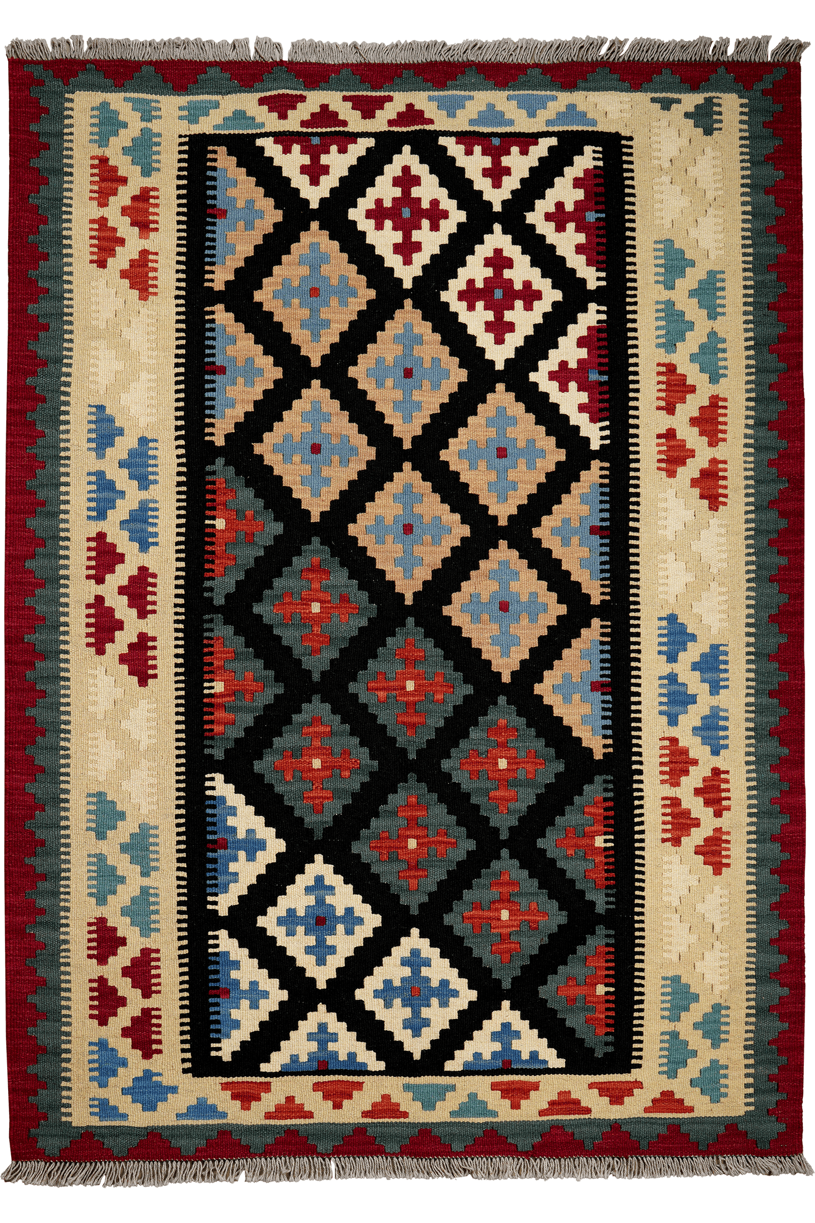 Kelim Gashgai — Handmade, 130x180 cm, Black, 100% Virgin Wool | Main view
