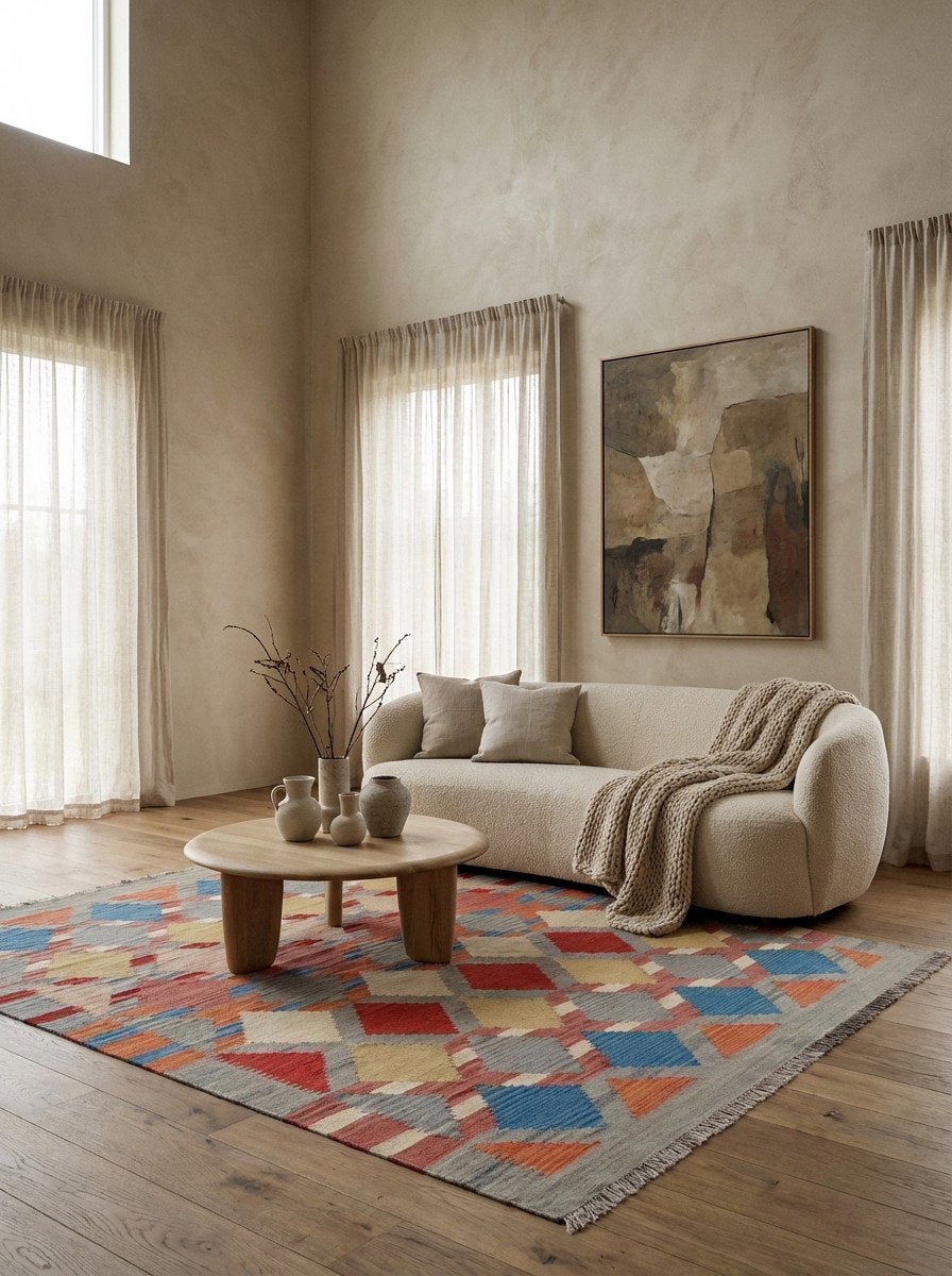 Kelim Gashgai — Handgefertigt, 207x156 cm, Bunt, 100% Virgin Wool | Detail view