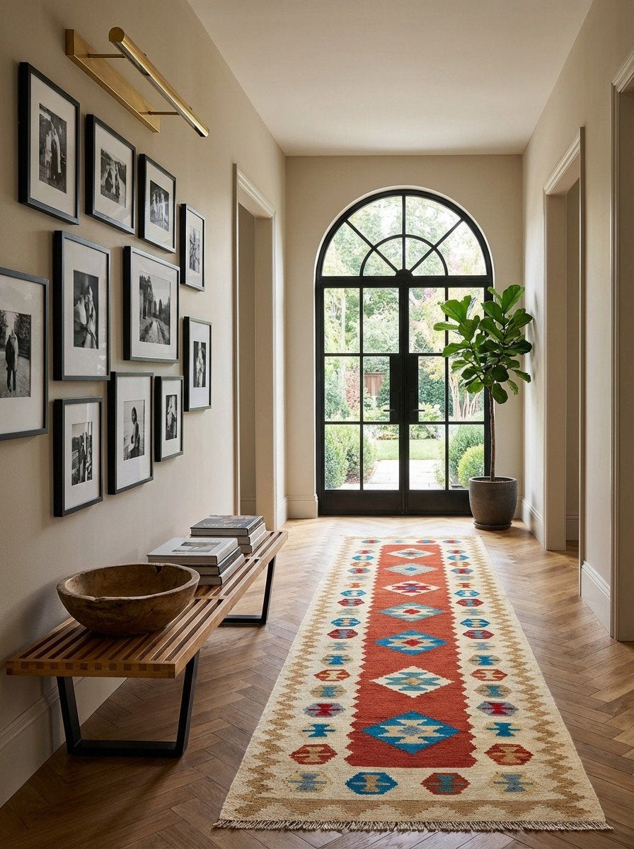 Kelim Gashgai — Handgefertigt, 297x83 cm, Beige, 100% Virgin Wool | Detail view