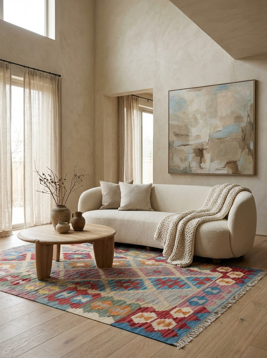 Kelim Gashgai — Handmade, 122x189 cm, Beige, 100% Virgin Wool | Detail view