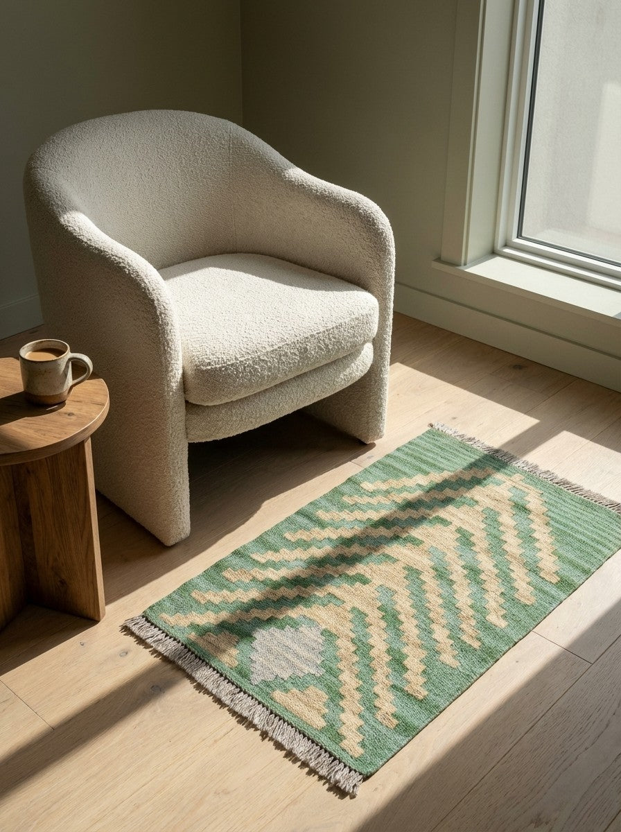 Kelim Gashgai — Handmade, 42x60 cm, Green, 100% Virgin Wool | Detail view