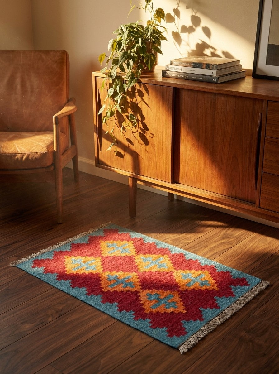 Kelim Gashgai — Handmade, 42x62 cm, Red, 100% Virgin Wool | Back view