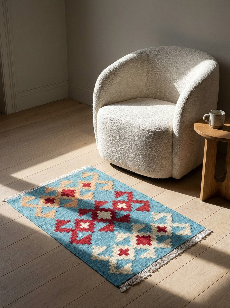 Kelim Gashgai — Handmade, 43x65 cm, Blue, 100% Virgin Wool | Detail view
