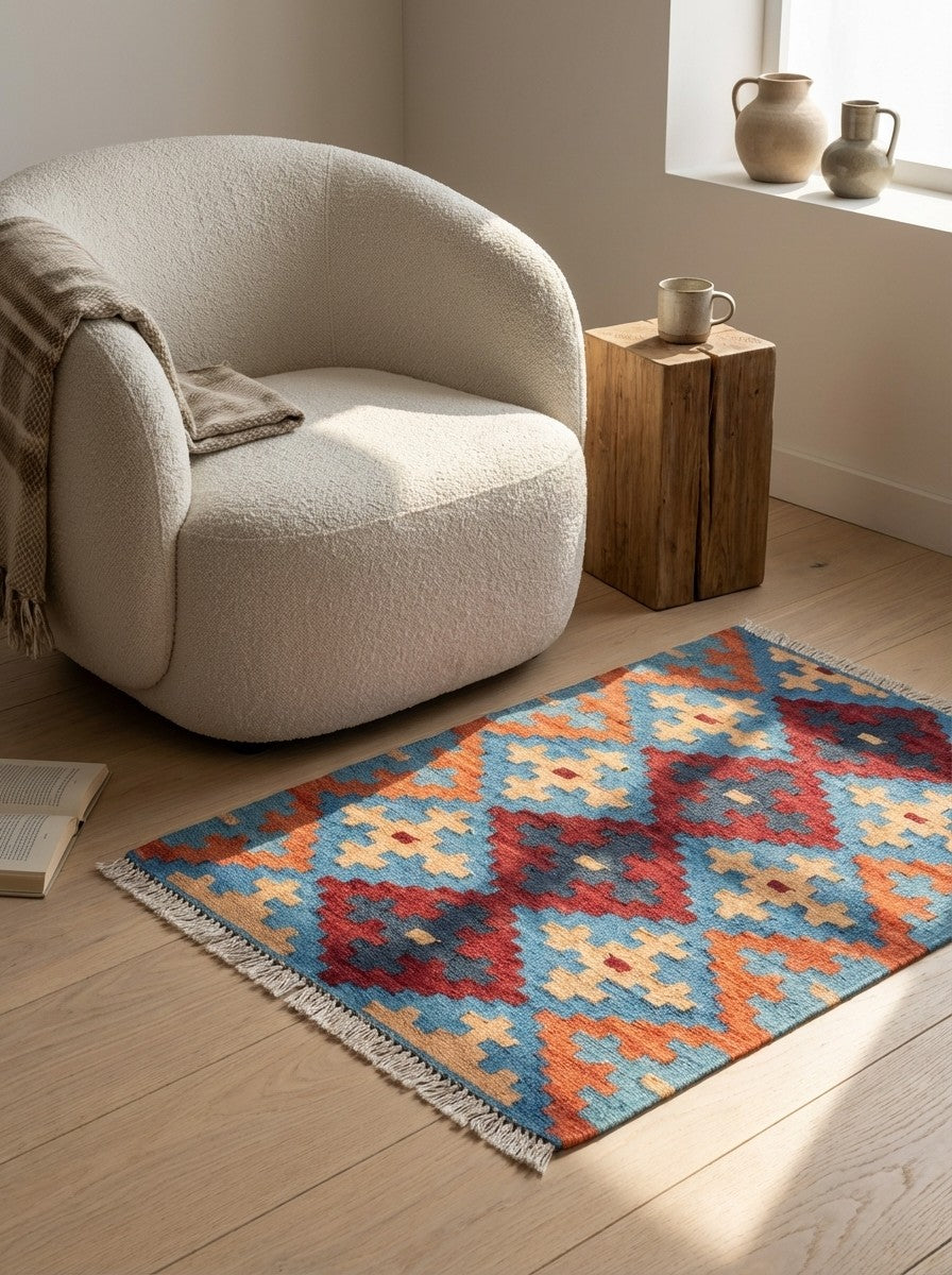 Kelim Gashgai — Handmade, 42x63 cm, Blue, 100% Virgin Wool | Detail view