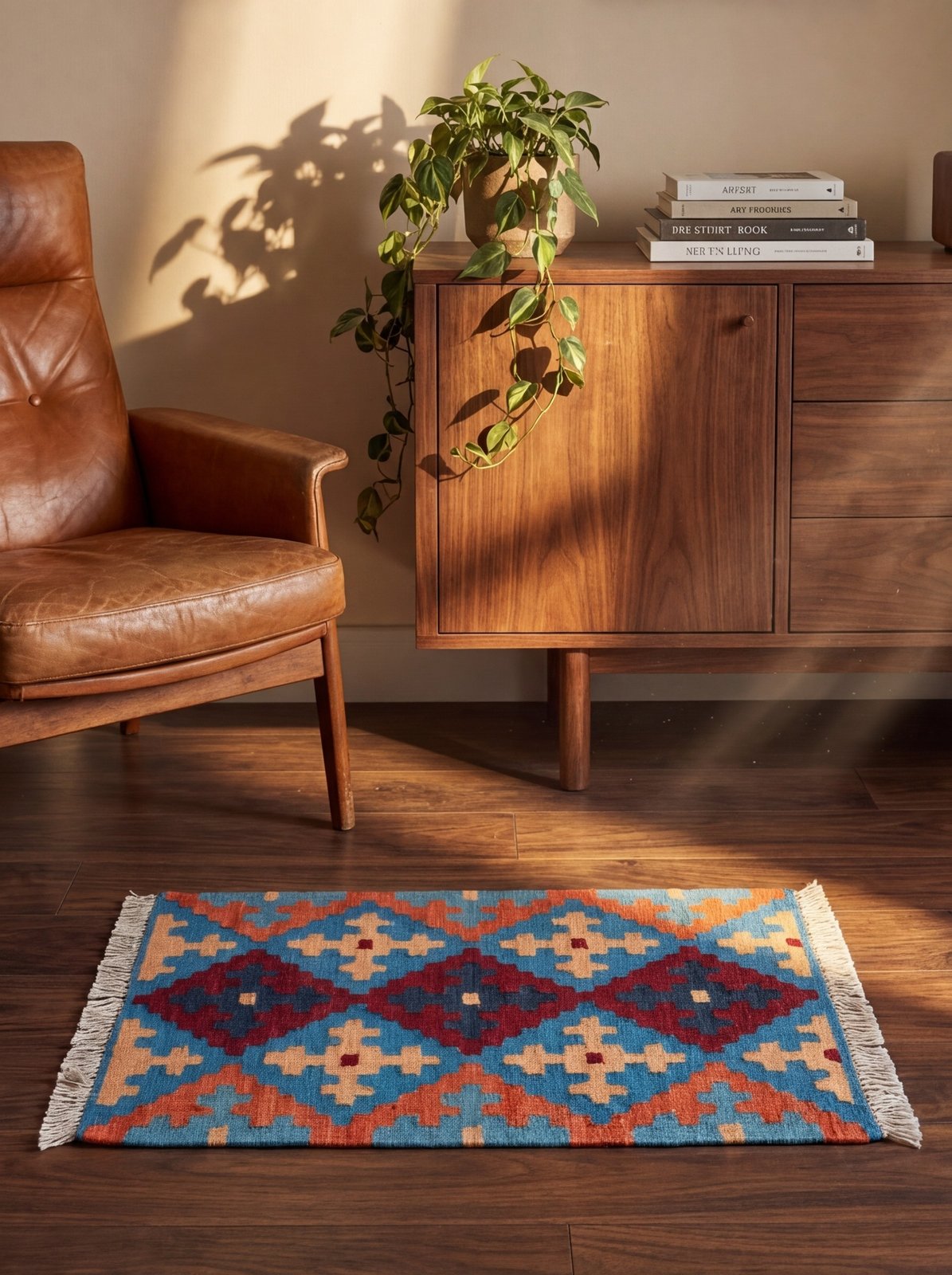 Kelim Gashgai — Handmade, 42x63 cm, Blue, 100% Virgin Wool | Back view