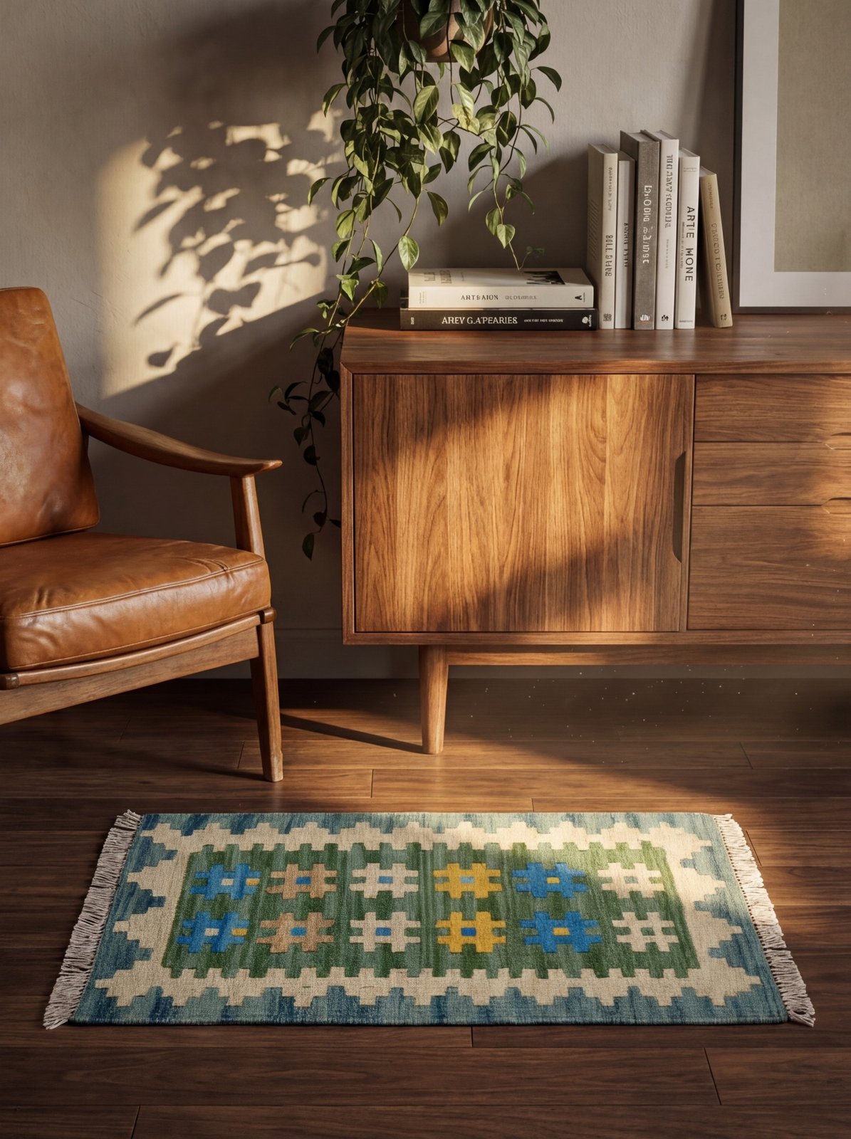 Kelim Gashgai — Handmade, 41x60 cm, Green, 100% Virgin Wool | Back view