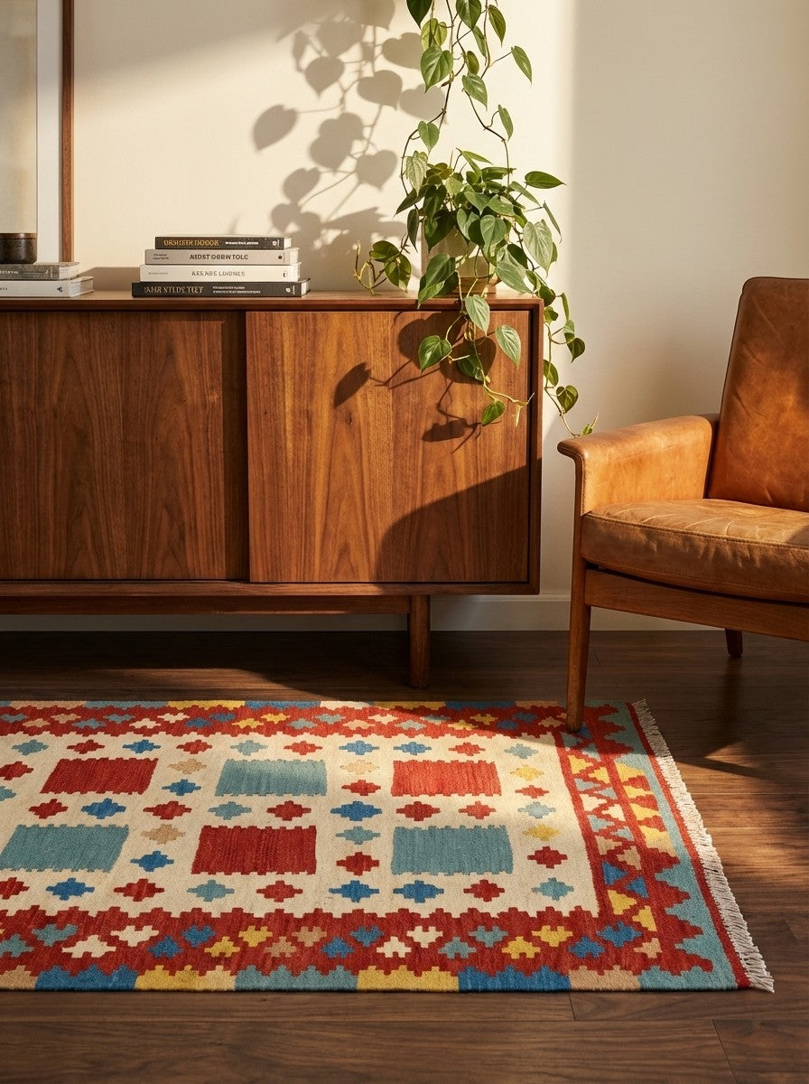 Kelim Gashgai — Handmade, 107x152 cm, Beige, 100% Virgin Wool | Back view