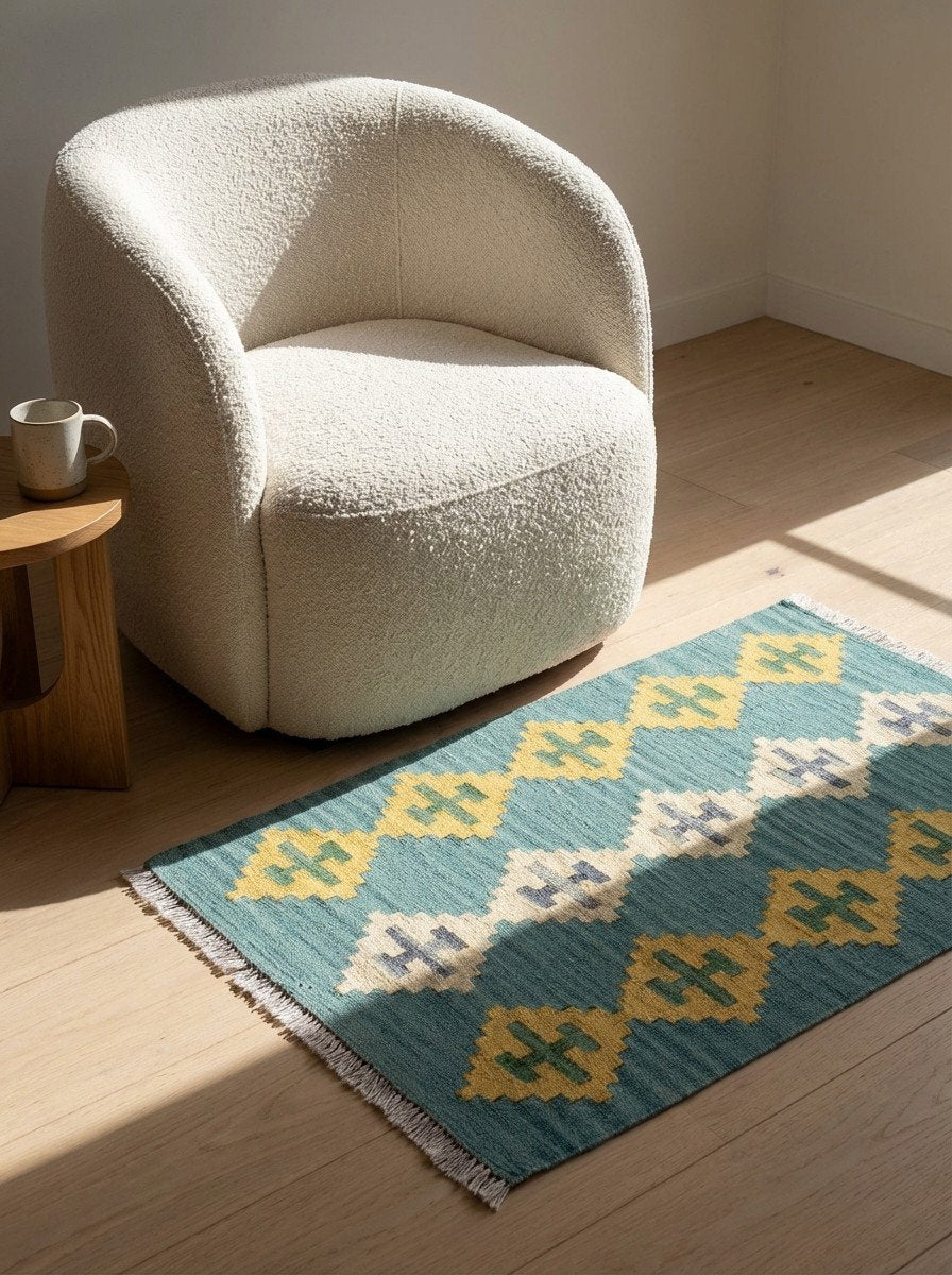 Kelim Gashgai — Handgefertigt, 88x63 cm, Blau, 100% Virgin Wool | Detail view