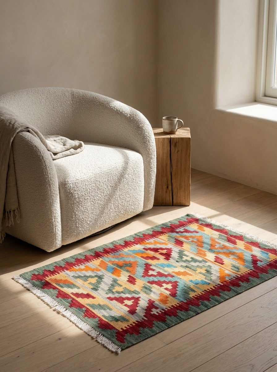 Kelim Gashgai — Handmade, 62x86 cm, Multicolor, 100% Virgin Wool | Detail view