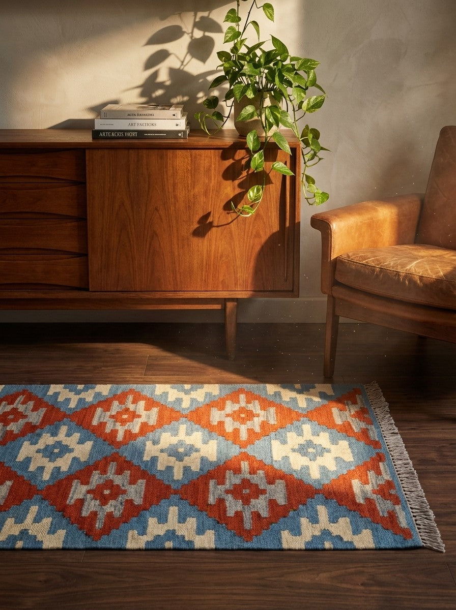 Kelim Gashgai — Handmade, 60x90 cm, Blue, 100% Virgin Wool | Back view