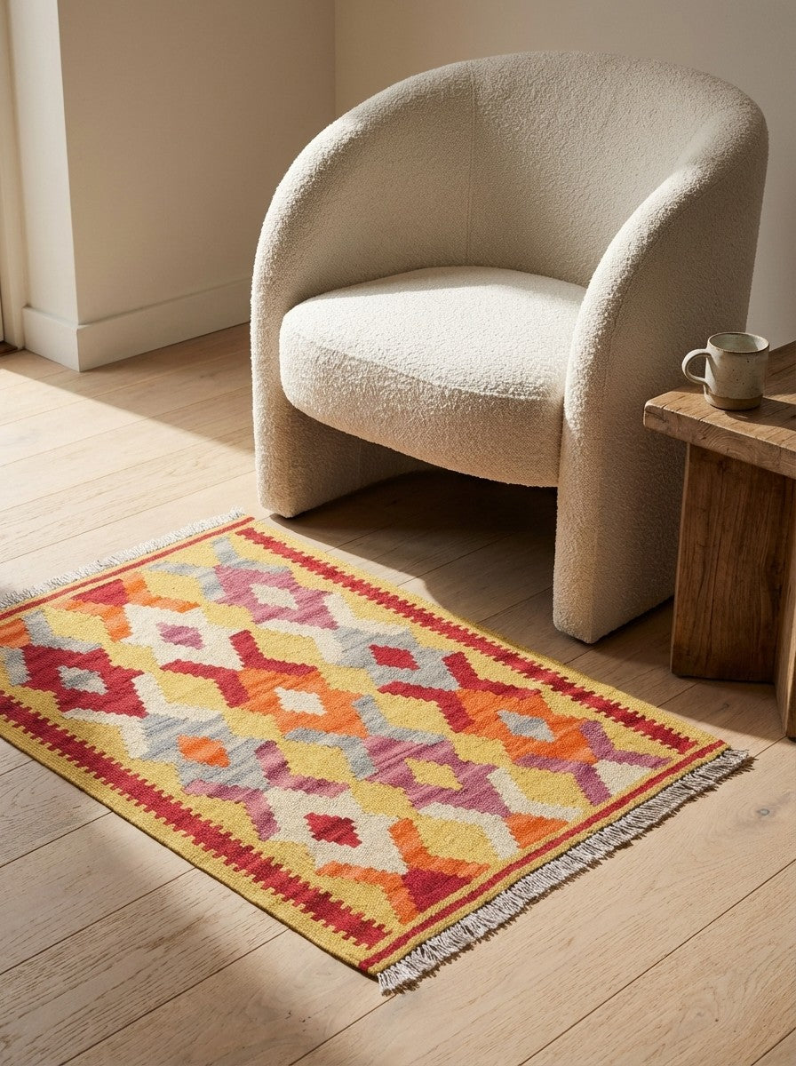 Kelim Gashgai — Handmade, 64x88 cm, Yellow, 100% Virgin Wool | Detail view