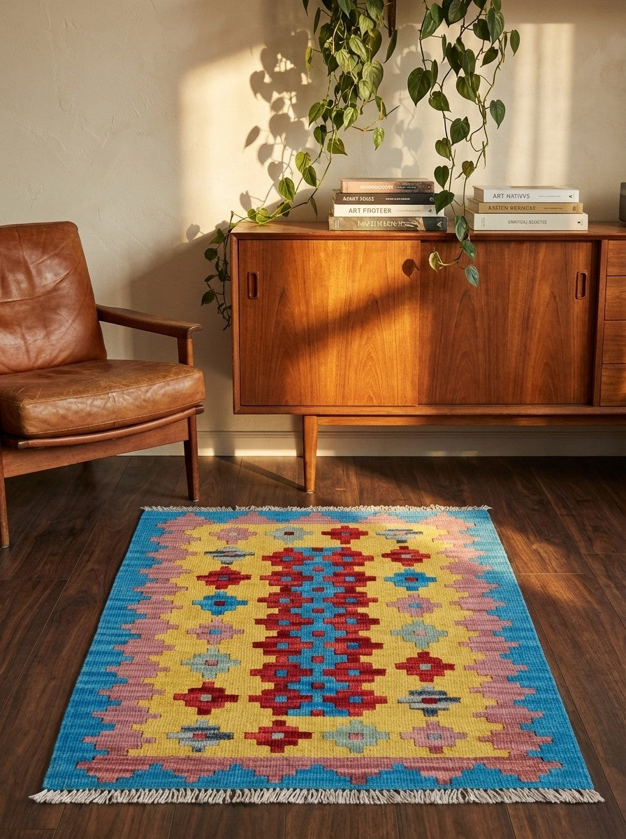 Kelim Gashgai — Handmade, 62x96 cm, Yellow, 100% Virgin Wool | Back view