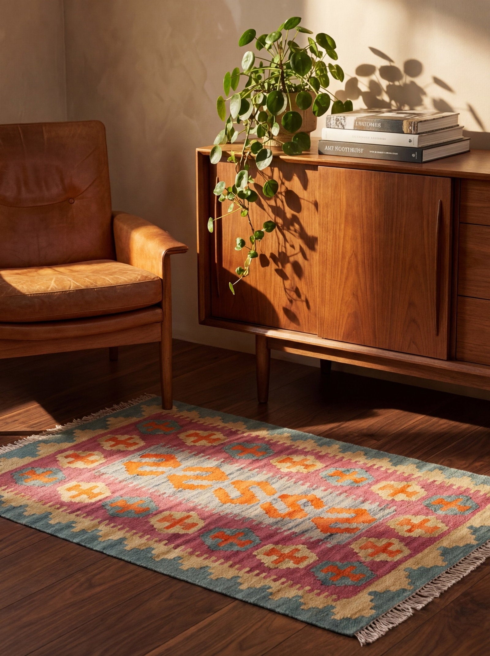 Kelim Gashgai — Handgefertigt, 90x65 cm, Beige, 100% Virgin Wool | Back view