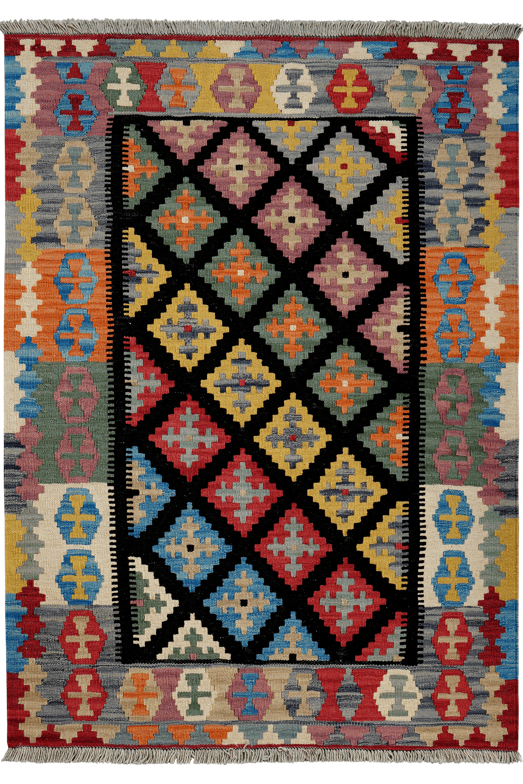Kelim Gashgai — Handmade, 105x148 cm, Black, 100% Virgin Wool | Main view