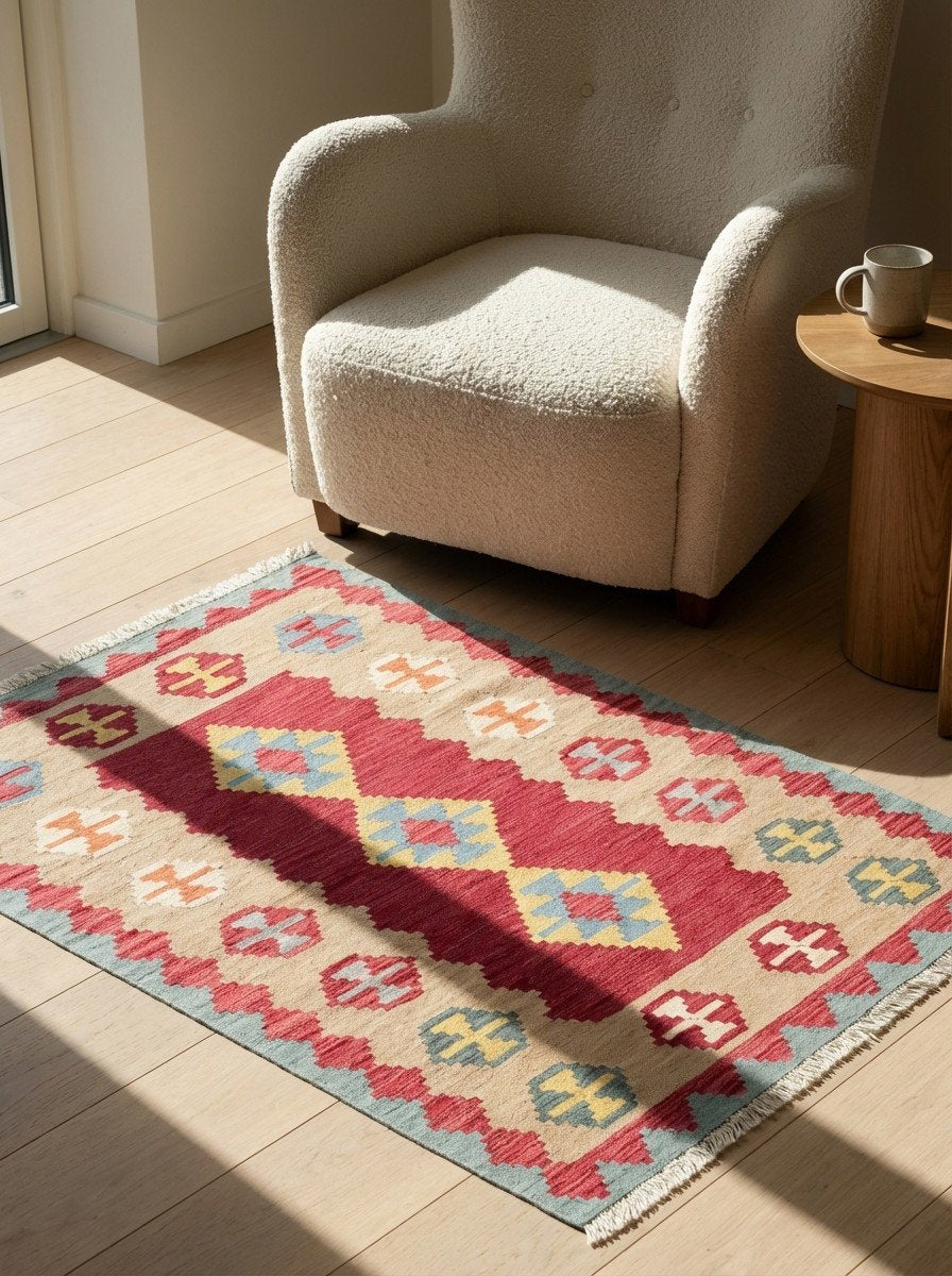 Kelim Gashgai — Handgefertigt, 164x109 cm, Beige, 100% Virgin Wool | Detail view