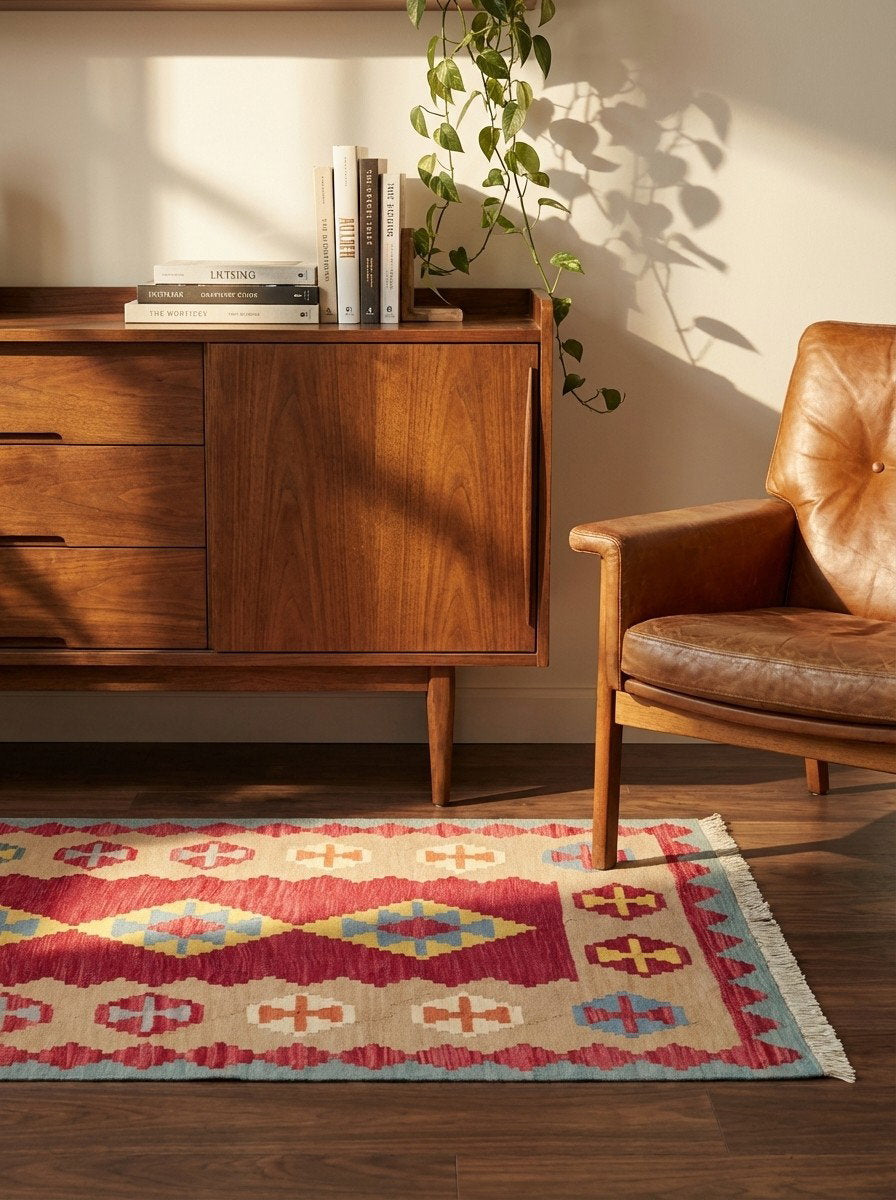 Kelim Gashgai — Handgefertigt, 164x109 cm, Beige, 100% Virgin Wool | Back view