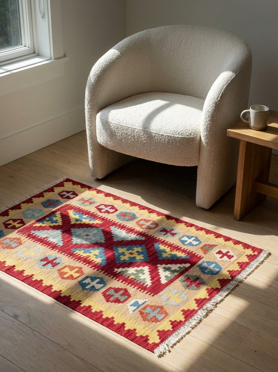 Kelim Gashgai — Handmade, 84x122 cm, Red, 100% Virgin Wool | Detail view