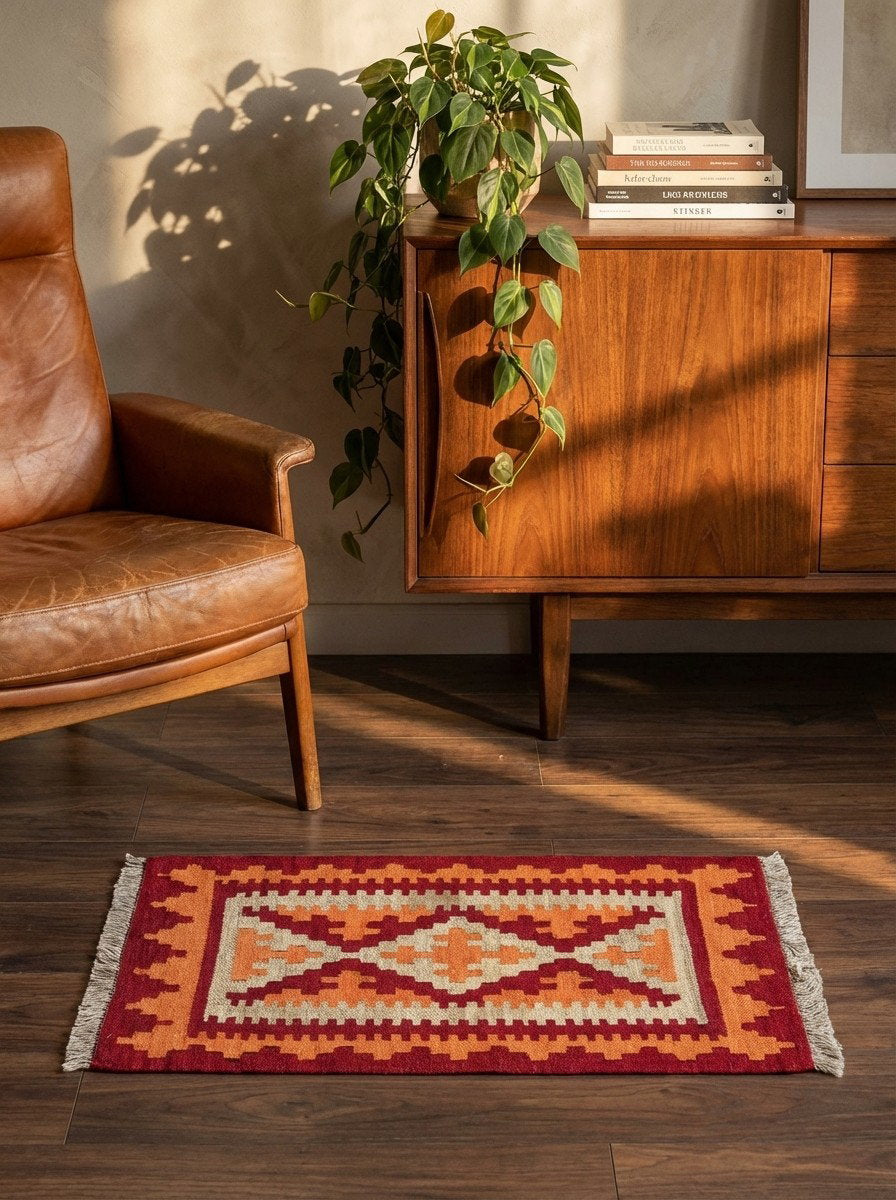Kelim Gashgai — Handgefertigt, 65x45 cm, Rot, 100% Virgin Wool | Back view