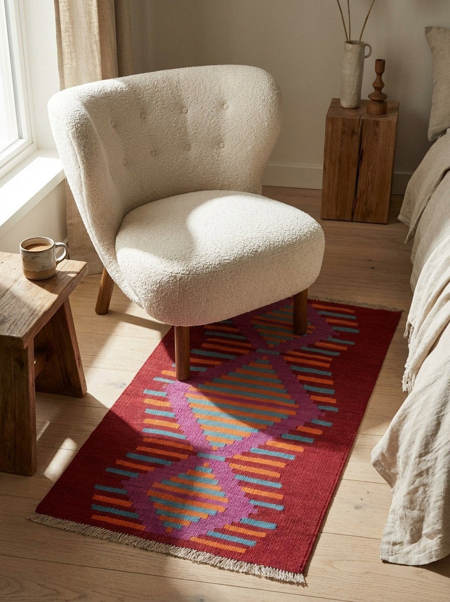 Kelim Gashgai — Handgefertigt, 94x59 cm, Rot, 100% Virgin Wool | Detail view