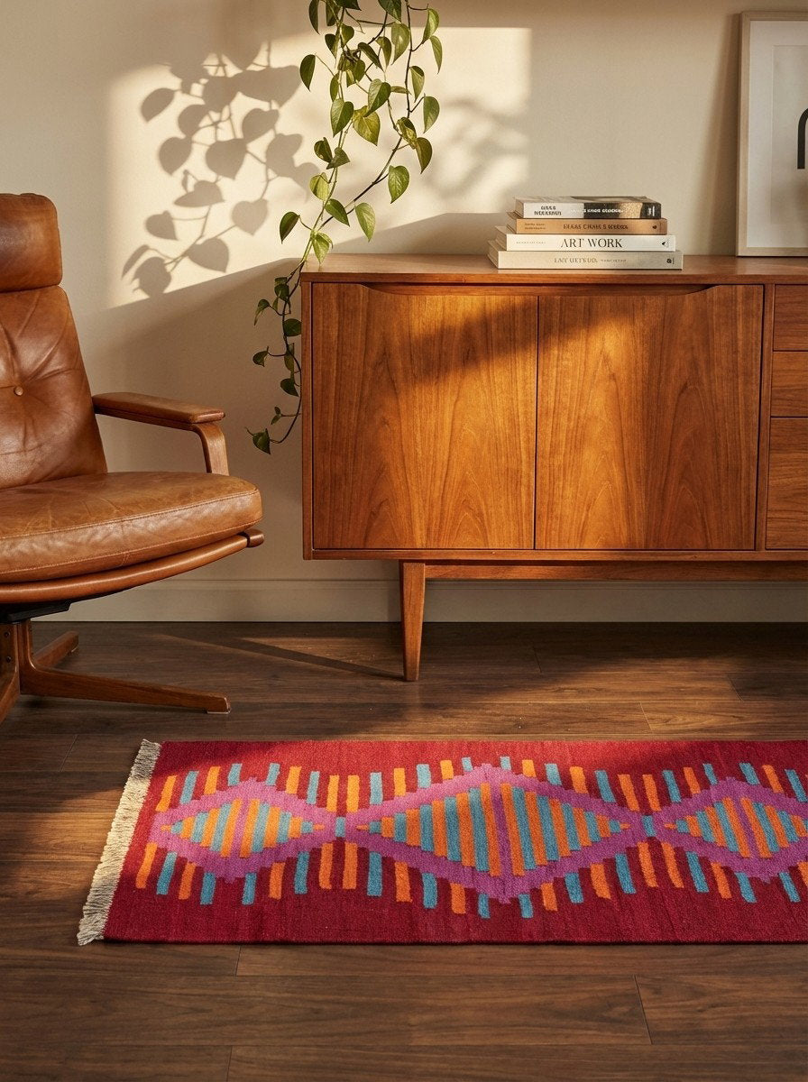 Kelim Gashgai — Handgefertigt, 94x59 cm, Rot, 100% Virgin Wool | Back view