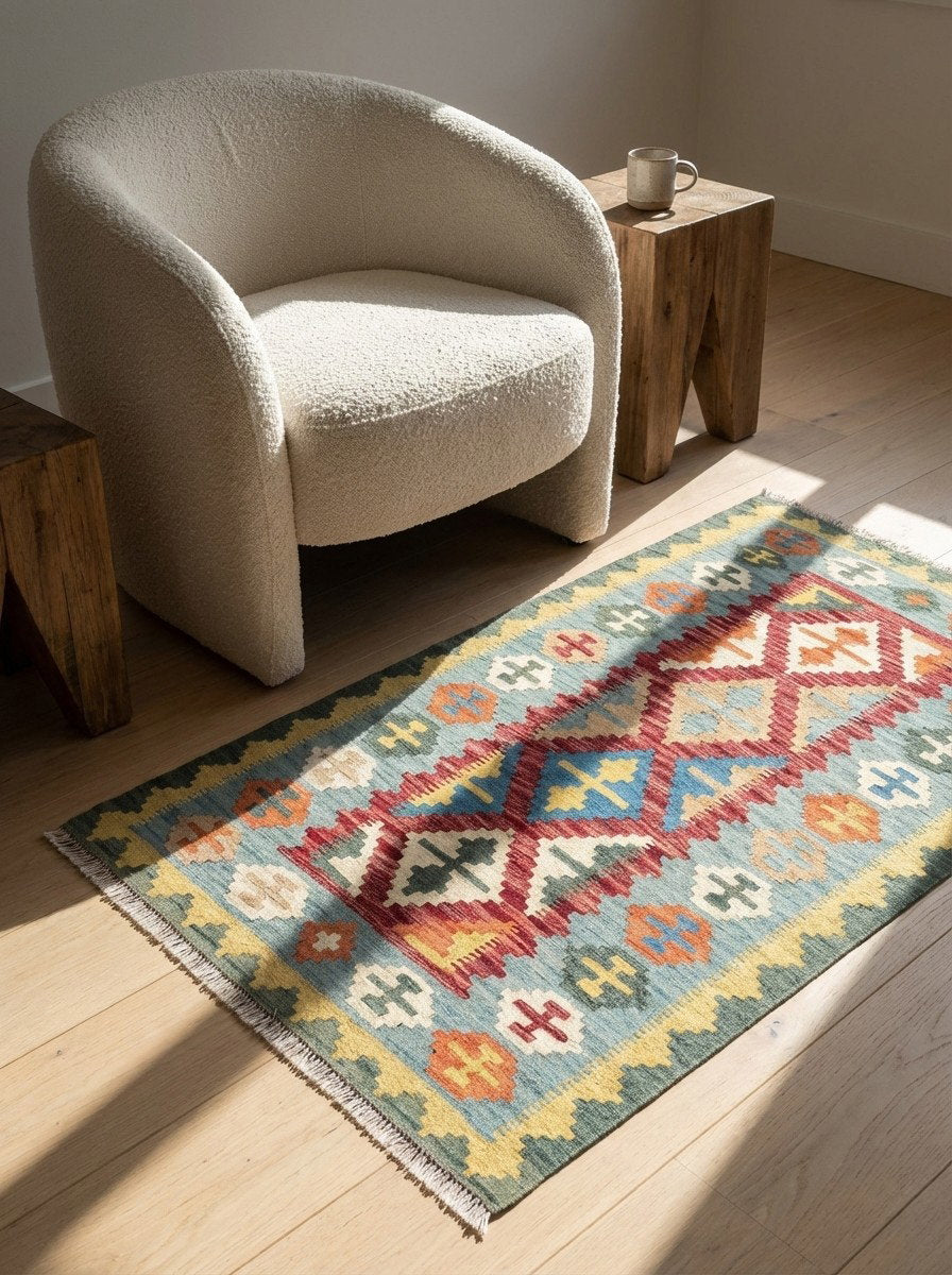 Kelim Gashgai — Handgefertigt, 153x100 cm, Blau, 100% Virgin Wool | Detail view