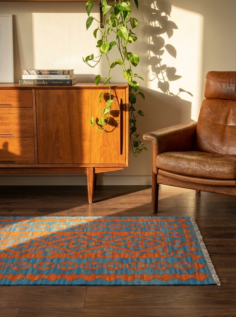 Kelim Gashgai — Handmade, 89x127 cm, Orange, 100% Virgin Wool | Back view
