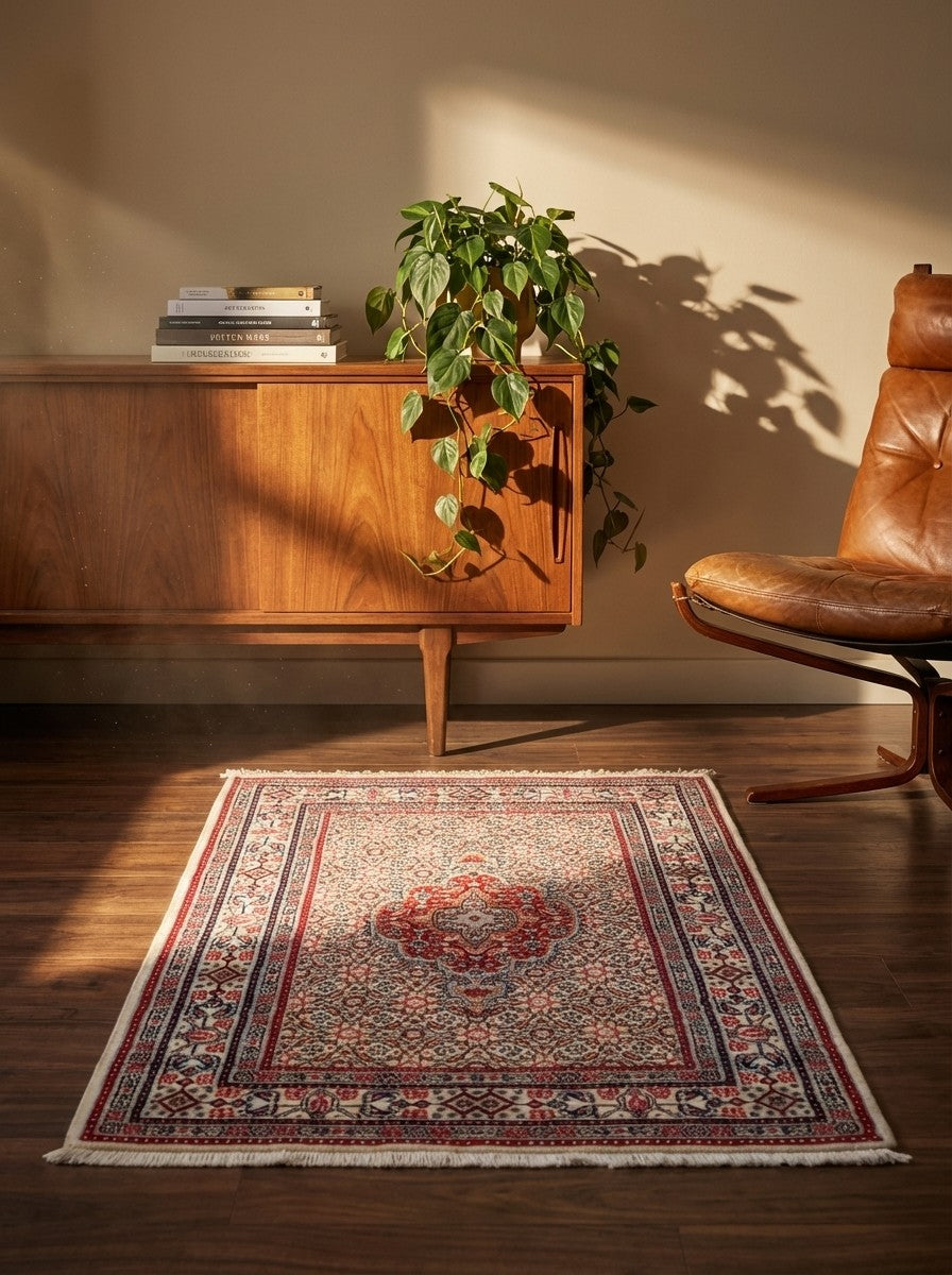 Moud Mahi — Hand-knotted, 77x123 cm, Beige, 100% Virgin Wool | Back view