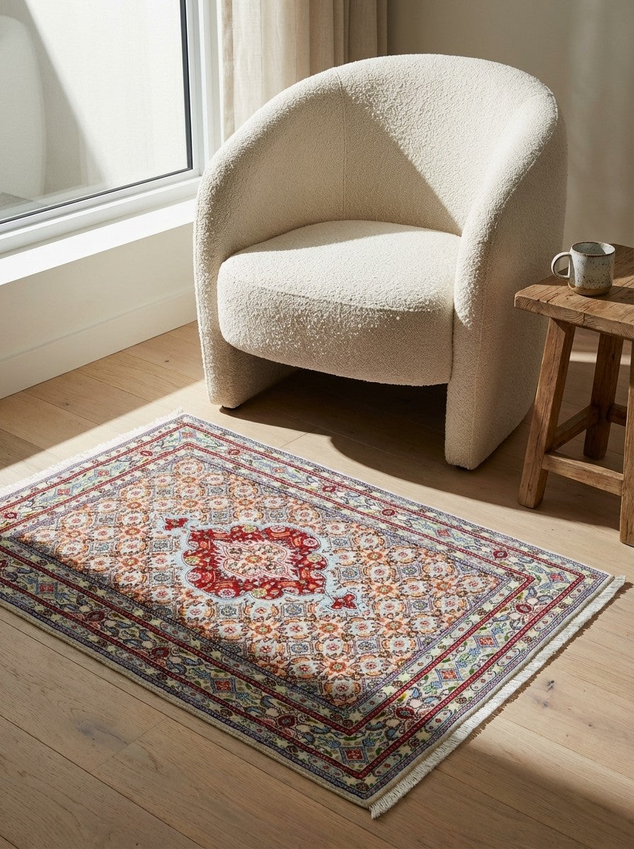 Moud Mahi — Hand-knotted, 75x112 cm, Beige, 100% Virgin Wool | Detail view