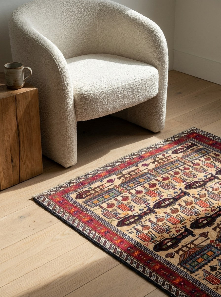 Belutch — Hand-knotted, 100x176 cm, Beige, 100% Virgin Wool | Detail view