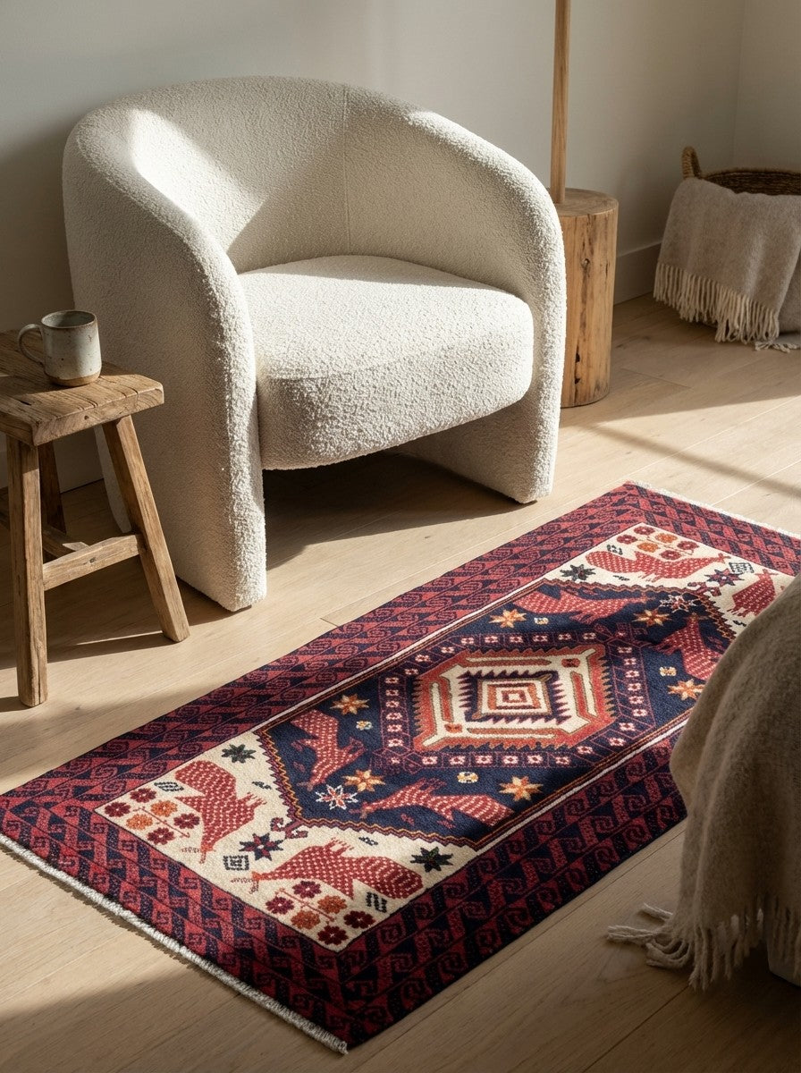 Belutch — Hand-knotted, 91x194 cm, Blue, 100% Virgin Wool | Detail view