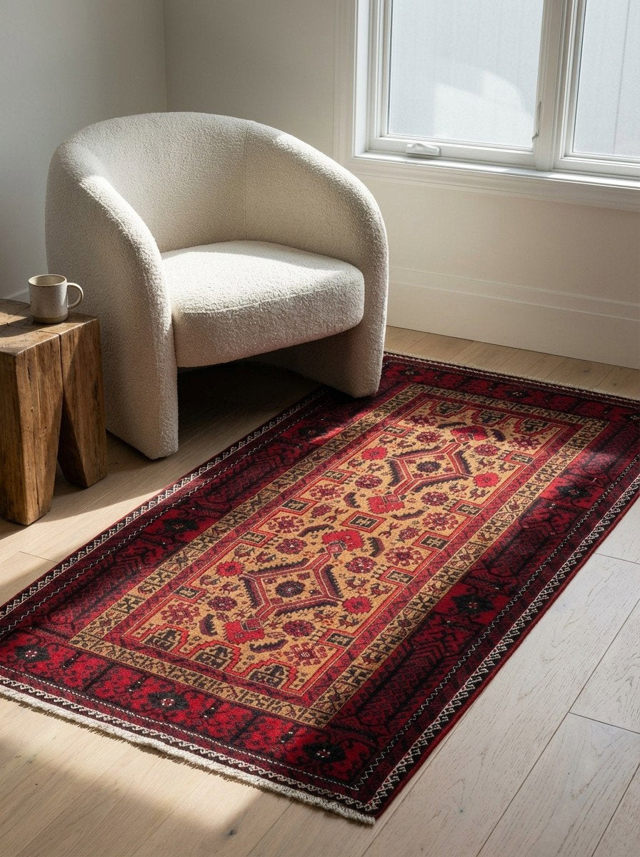 Belutch — Handgefertigt, 192x99 cm, Rot, 100% Virgin Wool | Detail view