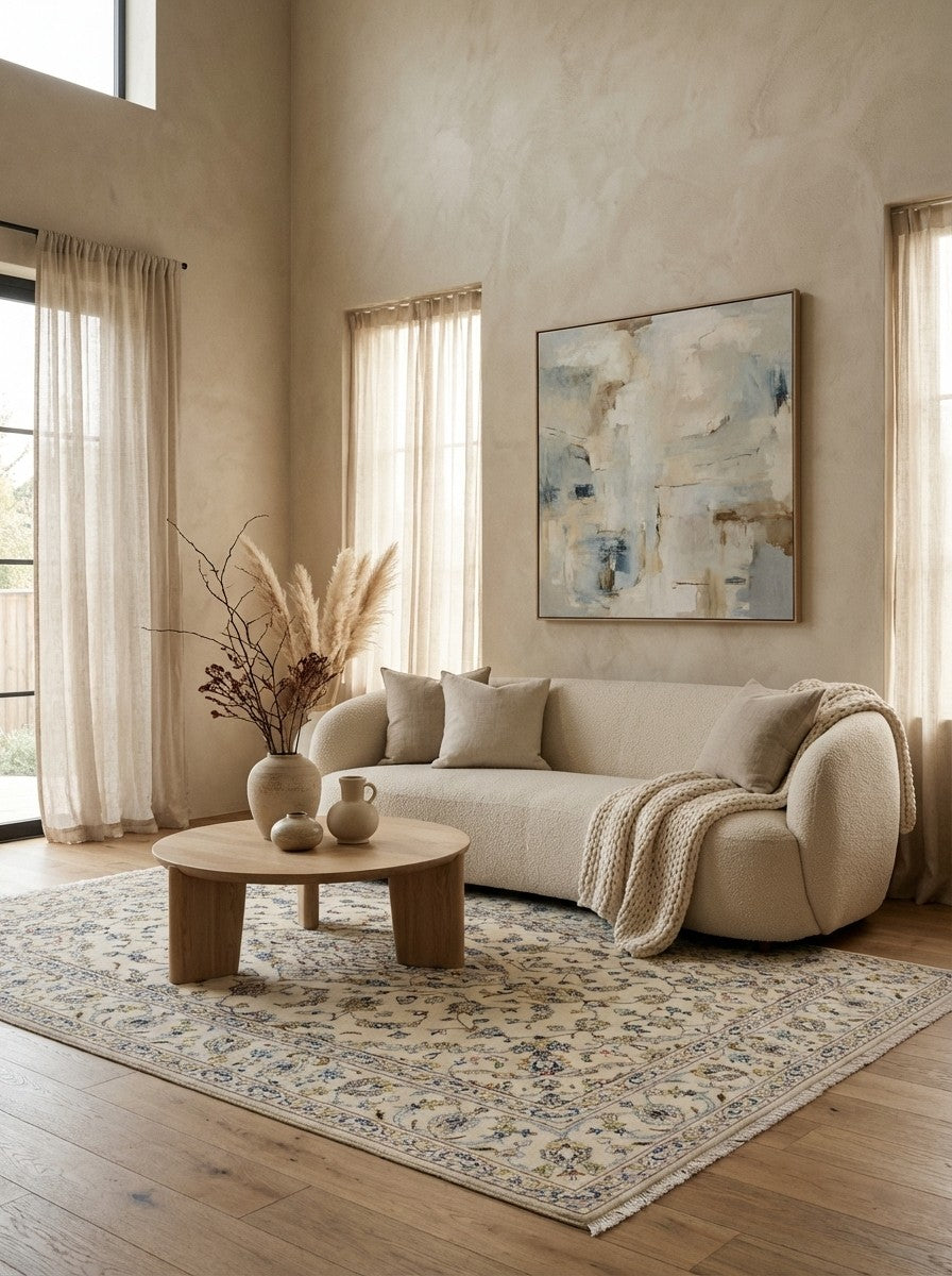 Kashan — Hand-knotted, 141x210 cm, Beige, 100% Virgin Wool | Detail view