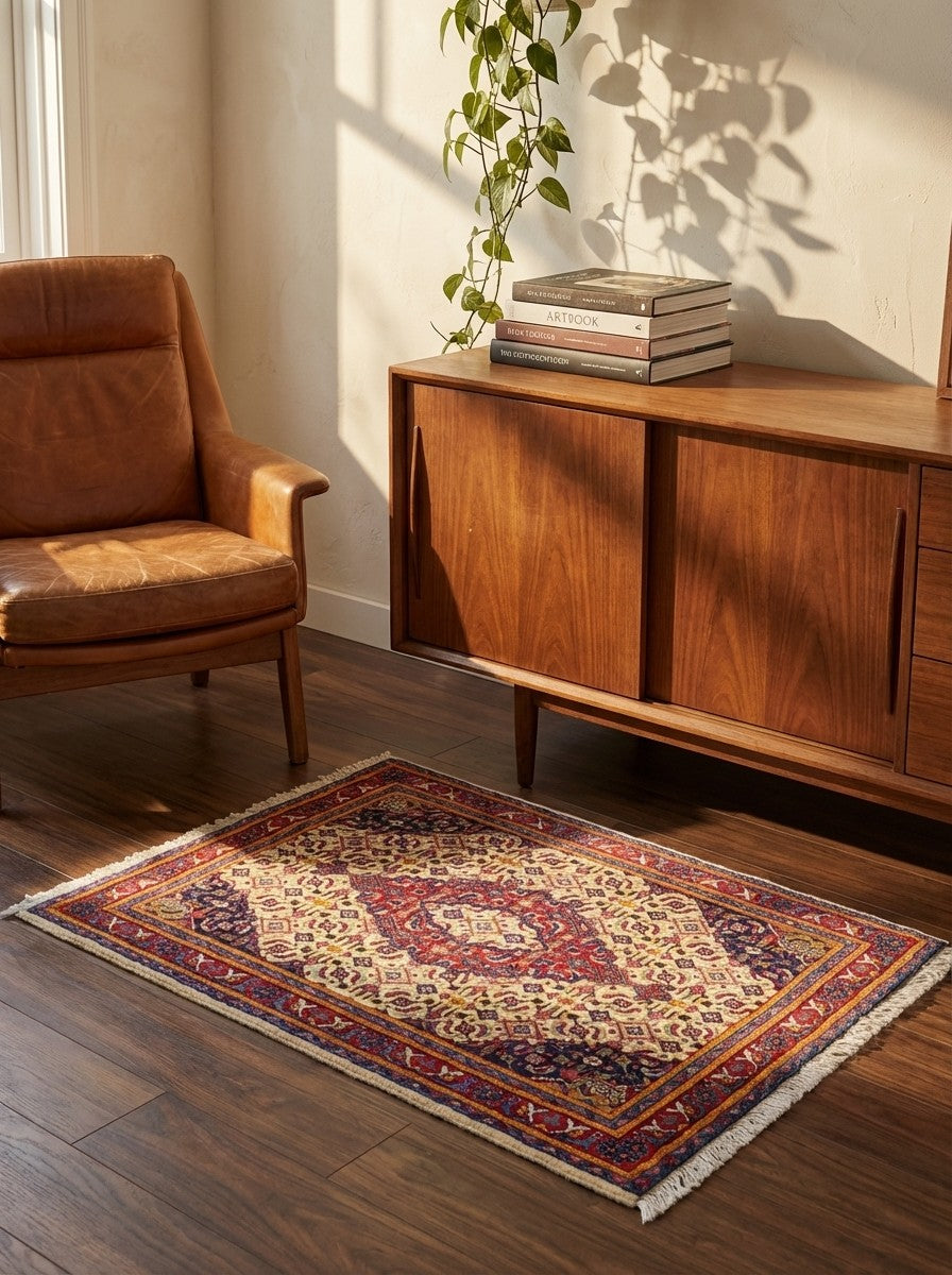 Sarough — Hand-knotted, 67x78 cm, Beige, 100% Virgin Wool | Back view