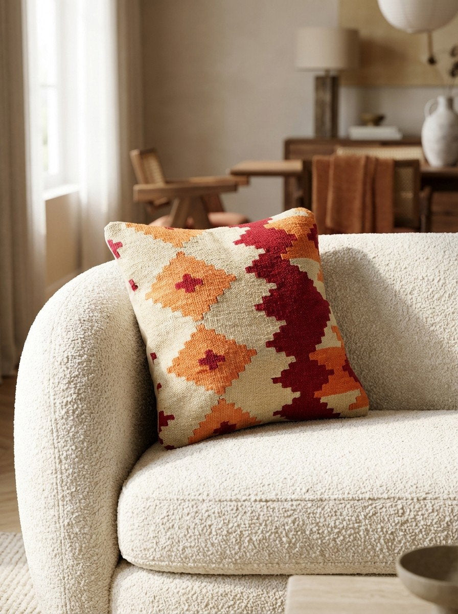 Kelim Kissen — Handgefertigt, 50x50 cm, Bunt, 100% Virgin Wool | Detail view